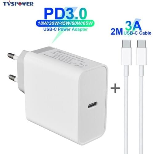 USB C Power Adapter PD/QC3.0 65W/60W/45W/30W/18W 15V TYPE-C Wall Charger For Laptops/MacBook/iPad/iPhone/Samsung (C-C cable 2M)