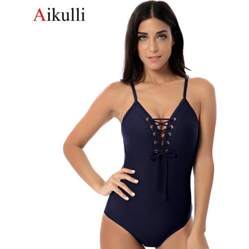 Aikulli One Piece Swimsuit Women Sexy Push Up Swimwear Bandage Bathing Suit Adjustable Solid Monokini Female Beach Swimming Suit