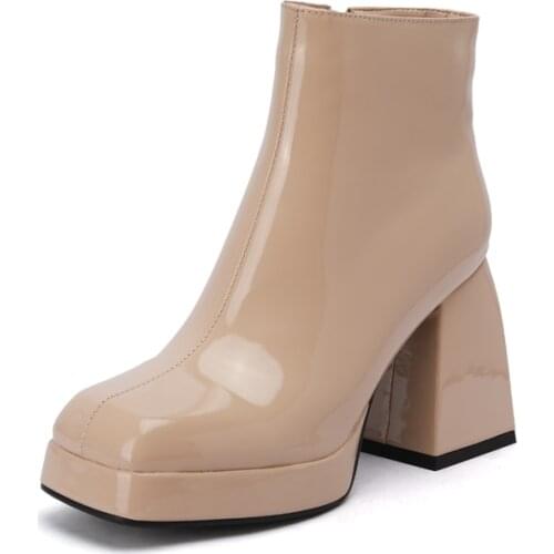 9cm Punk Platform Ankle Boots Women Autumn Winter High Thick Heels Square Toe Riding Boots Black White Apricot Wine Red Shoes