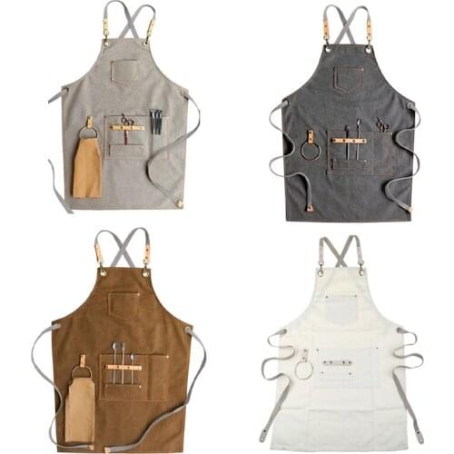 Chef Apron Cotton Canvas Cross Back Adjustable Apron with Pockets for Women and Men, Kitchen Cooking Baking Bib Apron, A F19B