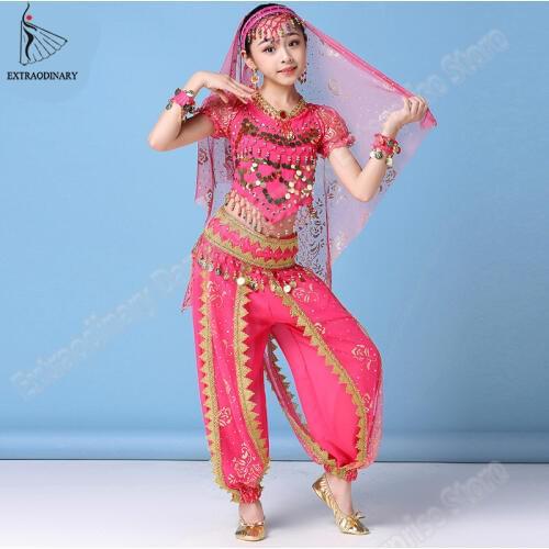 Indian belly dance costume children bollywood Girls dance clothing set kids (headpieces veil top belt pants necklace earing)