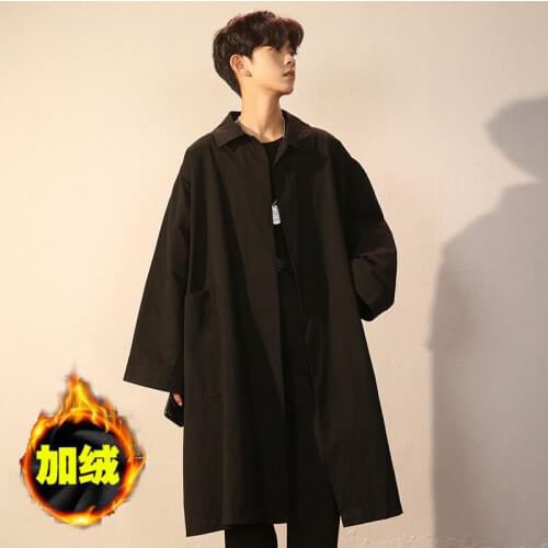Mens medium length windbreaker loose solid color fashion cape coat Retro Black trend over the knee coat