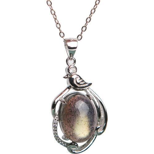Genuine Natural Labradorite Blue Light Gems Round Shape Healing Stone Women Sliver Pendant 28*17mm