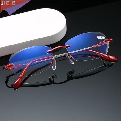New Design Business Anti-Blue Reading Glasses Ladies Square Rimless Reading Glasses Diopter Kulary +1.0 +1.5 +2.0 to +4.0