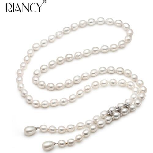 Fashion natural white Rice pearl Necklace girl gift ,80cm Freshwater pearl necklace jewelry for Women party gift