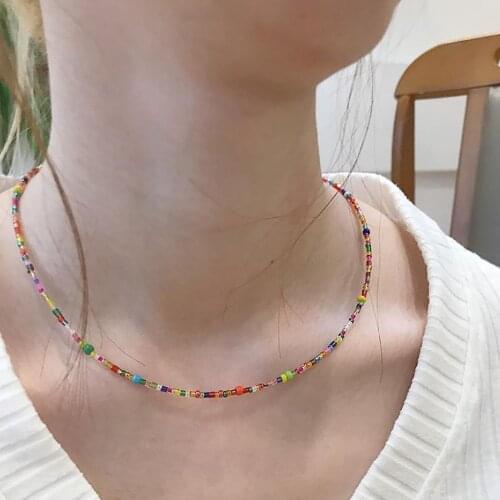 Bohemian Colorful Seed Bead Simple Choker Necklace Statement Short Collar Clavicle Chain Necklace for Women Jewelry Gift