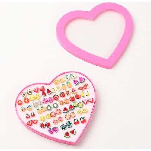 Multicolor 36 Pairs Cartoon Hypoallergenic Plastic Stud Earrings Set for Women Girls Animal Fruit Earring with Heart Box Jewelry