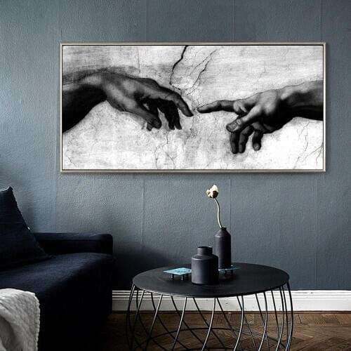 Hand of God Creation of Adam Black & White Canvas Painting Poster and Prints Cuadros Wall Art Picture for Living Room Home Decor