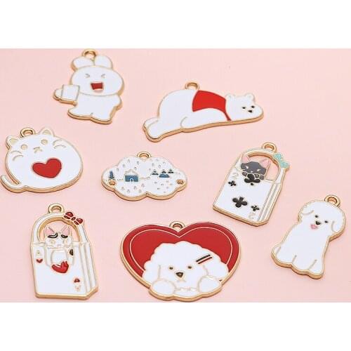 10pcs Cartoon Cute animal Earrings for Women Kids white puppy rabbit poker cat drip pendant diy jewelry keychain pendant