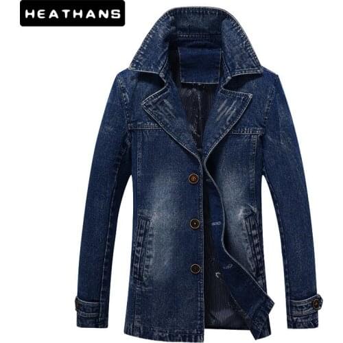 Mid Length Denim Windbreaker Mens Spring Autumn New Youth Male Business Handsome Denim Jacket Men Casual Solid Color Jean Coats