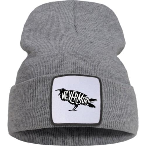 Nevermore Crow Funny Cool Printing 2020 Unisex Hats Wool Casual Beanie Hat Soft Thick Knitted Hats Creativity Flexible Hat