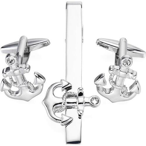 WN A set High quality mens shirts Cufflinks suit and tie clip fashion brand silvery anchor tie clip Cufflinks set free shippin