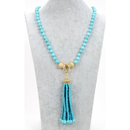 25" Blue Round Turquoises CZ Paved Clasp Pendant Necklace For Women