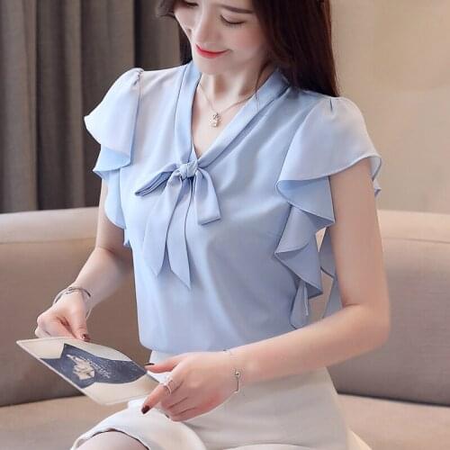 Summer 2021 Bow Flying Sleeve Casual Shirts Chiffon Ruffles Fashion Women Blouse And Tops 2xl Womans Clothes White Blue