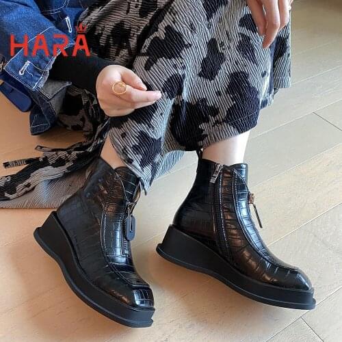 HARAVAL Women Ankle Boots Shoes Round Toe Black Elegant Spring Autumn Lace Up And Zipper Genuine Leather Black Shoes Women E458L
