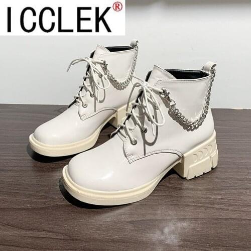 New Sexy Chain Women Leather Autumn Boots Block Heel Gothic Black Punk Style Platform Shoes Female Footwear High Quality