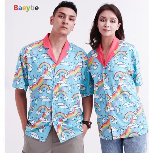 Blue Rainbow Women Hawaiian Shirts Hip Hop Loose Oversized Blouses Female Cat Tops Style Blusas Tops