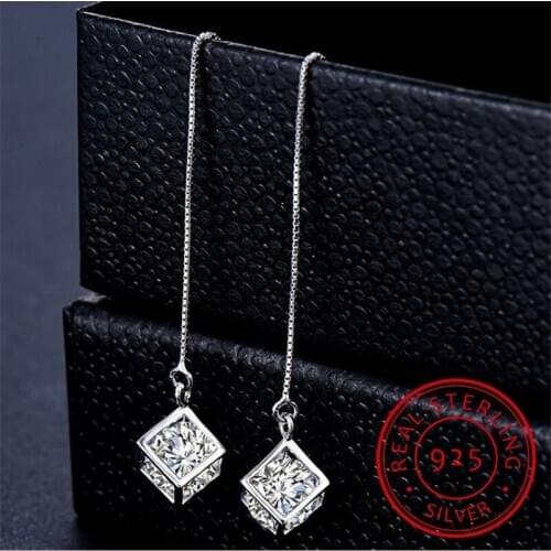 Elegant Fashion 925 Sterling Silver Cube Love Window Zirconia Sugar Drop Earrings Box Chain Long Tassel Earrings S-E238