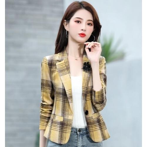 2021 Autumn Winter Fashion Womens Plaid Tweed Blazer Retro Short Suit Coat Notched Office Lady Womens Blazers Long Sleeve 3xl