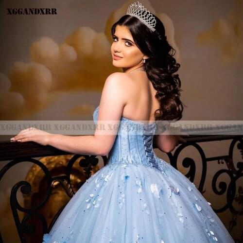 Elegant Ball Gown Quinceanera Dress 2022 Tulle Flowers Sequined Long Blue Sleeveless Sweet Birthday Party Or Custom Made