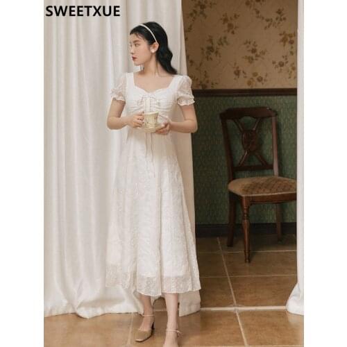 SWEETXUE Womens Summer 2021 Vintage Romantic Fashion lace Patchwork Dress White Fairy Party Long Dress Chic Party Elegant Dress