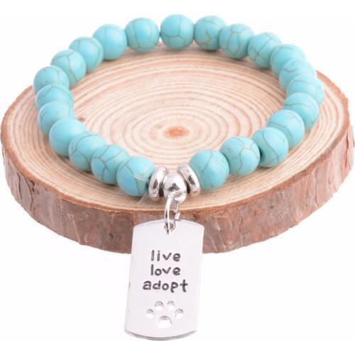 12PC/Lot Dog Tag Paw Prints Live Love Adopt Charms Bracelet For Pet Cat Animals Lovers Rescue Jewelry Gifts Natural Stone Beads