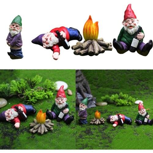 4Pcs/Set Garden Drunk Gnomes Miniature Ornaments Mini Dwarf Bonfire Statues Planter Flowerpot Bonsai Decor Accessories JU0188