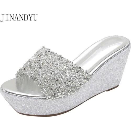 Bling Bling Wedges Shoes for Women Gold Silver High Heel Sandals Crystal Gold Sliver Platforms Party Shoes Woman Summer Slippers