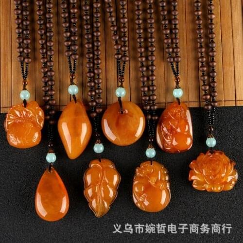 Chinese Yellow Beeswax Water Drop Flowers Gourd Leaves Beeswax pendant Necklace Men Women Mala Meditation Jewelry Sweater Chain