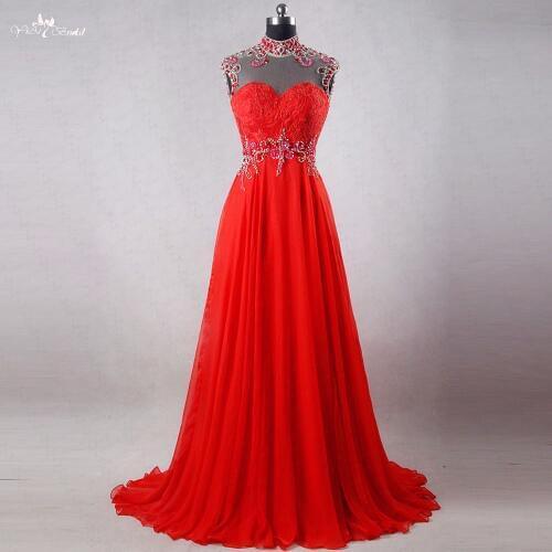 RSE731 High Neck Backless Red Prom Dress Chiffon With Rhinestones