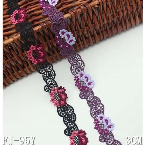 2 Yards Width 3cm Black Pale Pinkish Purple Embroidery Lace Applique Trim 3D Water Soluble Flower Lace Trimming DIY Sewing Decor