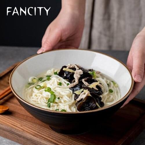 FANCITY 8-inch noodle bowl Japanese-style ceramic ramen bowl, large bowl, black beef noodle bowl, commercial simple threaded
