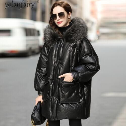 Genuine cow leather Jacket women Cowhide Coat winter jacket women White Duck Down Jackets Raccoon Dog Fur Collar Cuero Genuino