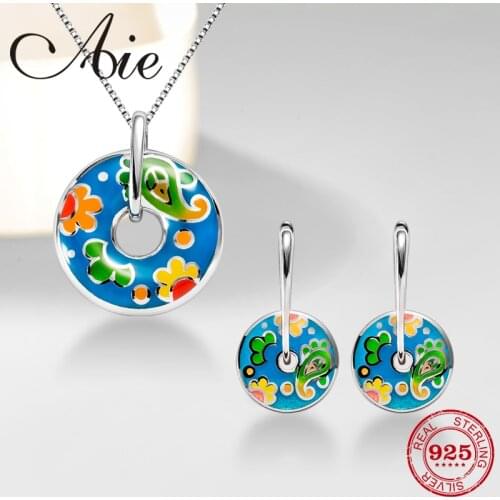 2019 New 925 Silver colorful Flowes Pattern Stud earrings and Necklace Jewelry set For Women Accessories Party Enamel