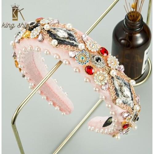 Lovely Baroque Rhinestone Flower Sponge Headband Luxurious Crystal Beaded Simulated Pearl Princess Headband Girl Party Headdress