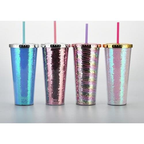 22oz straight double-layer plastic straw cup, magic laser drink cup, rainbow gradient flash, cold drink cup, travel cup gift