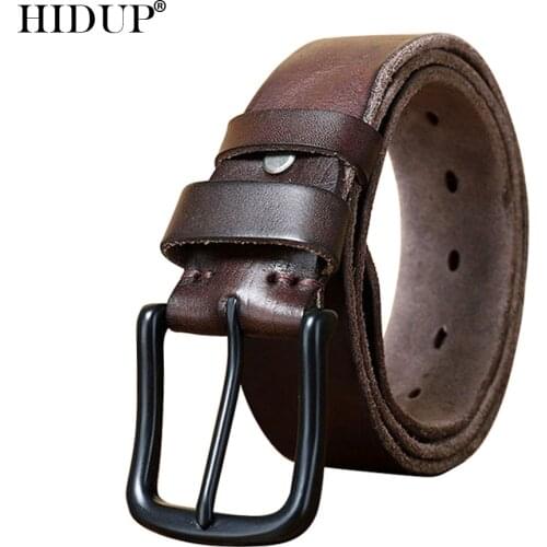 HIDUP 2021 New Design Mens Top Quality Solid Cowhide Black Pin Buckle Metal Belts Genuine Cow Leather Belt 3.8cm Width NWJ1039