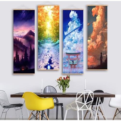 Nordic Style Cartoon Scroll Canvas Painting With Wooden Hanger Canvas Wall Art Anime Poster Clouds Forest Wall Scroll Picture