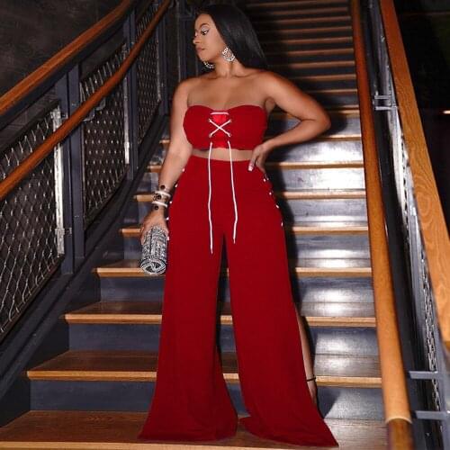 Red/black/blue Lace Up Hollow Out Strapless Slim Fit Crop Top and Side Split Wide Leg Trouser for Women Off Shoulder 2 Pcs Set