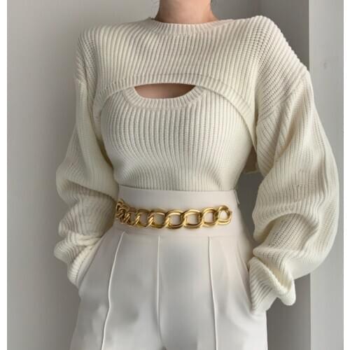 Women Sweater Pullover Korean O Neck Long Sleeve Casual Fashion Knitted Female Tops 2021 Spring Vintage Solid Two Pieces Jumper