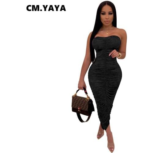 CM.YAYA Women Stacked Strapless Maxi Dress Sexy Night Party Bodycon Bandage Ruched Sleeveless Long Midi Dresses