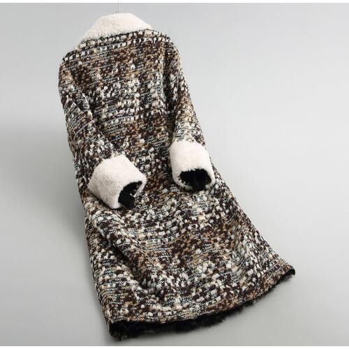 Fur Real 2020 Coat Female Long Tweed Wool Blend Jackets Warm Winter Jacket Women Natural Lamb Fur Coats 1611 WYQ1988 s