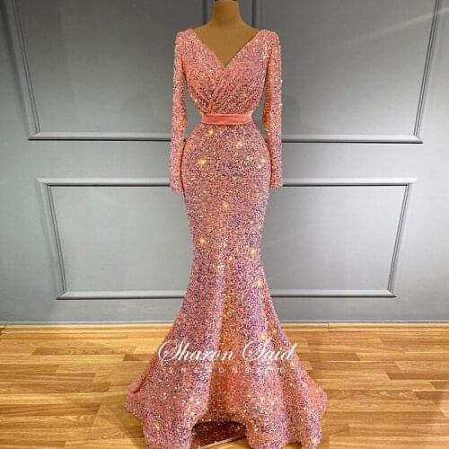 Blush Pink Sequin Mermaid Muslim Evening Dresses Long Sleeve 2021 Luxury Elegant Prom Formal Dress for Women Wedding Party Gowns