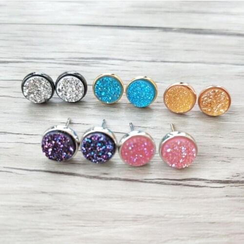 10 pairs Round Shape geode Gem Stone Stud Earrings,Natural druse Quartz Titanium Stud Earrings ER617