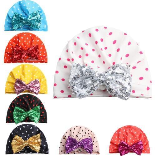 10pcs 2018 Hats For Girls Children Cotton Hospital Cap Shiny Bows Knit Children Dots Hats for Kids beanie Gorro Skullies Hat