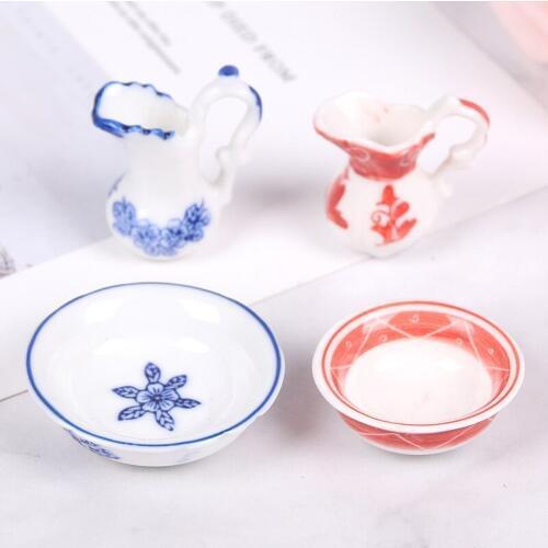 2Pcs/set 1:12 Dollhouse Miniature Porcelain Dining Ware Pot kettle Fruit Bowl