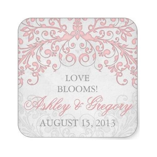 3.8cm Vintage Blush Pink Grey Floral Wedding Seal Square Sticker