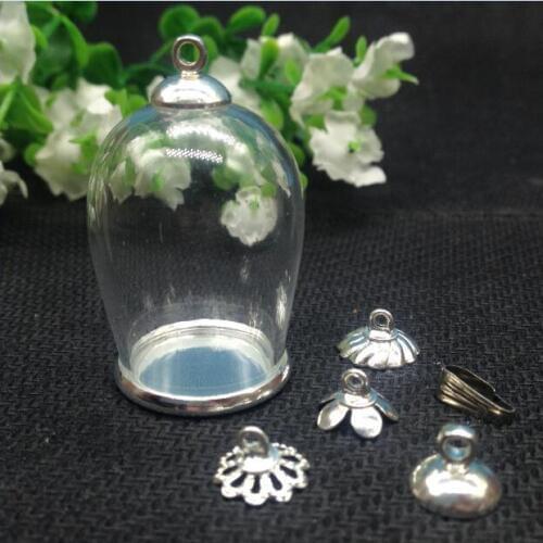 5sets 30x18mm Cloche oval shaped arch wishing bottle jar silver color flat bottomed tray Christmas vial pendant glass globes