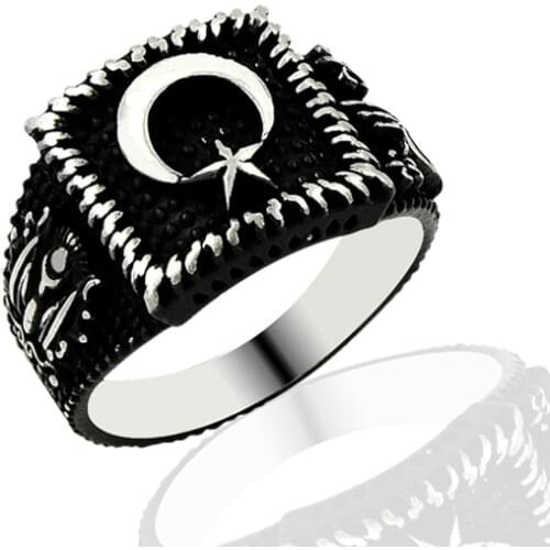 925 Silver Moon and Star Printed Ethnic Turkish Ring for Men