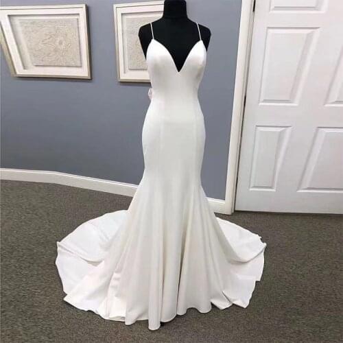 9805# Mermaid Wedding Dresses Spaghetti Straps White Ivory Sleeveless Bridal Dress Bow Backless Vestido De Noiva 2021